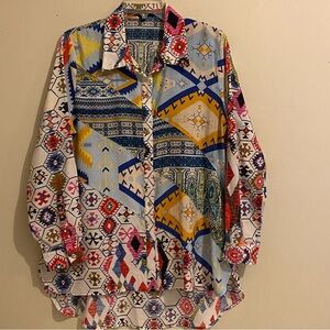 Caleoas Women’s M Tunic Top Shirt Mixed Pattern Button Up Pockets Boho